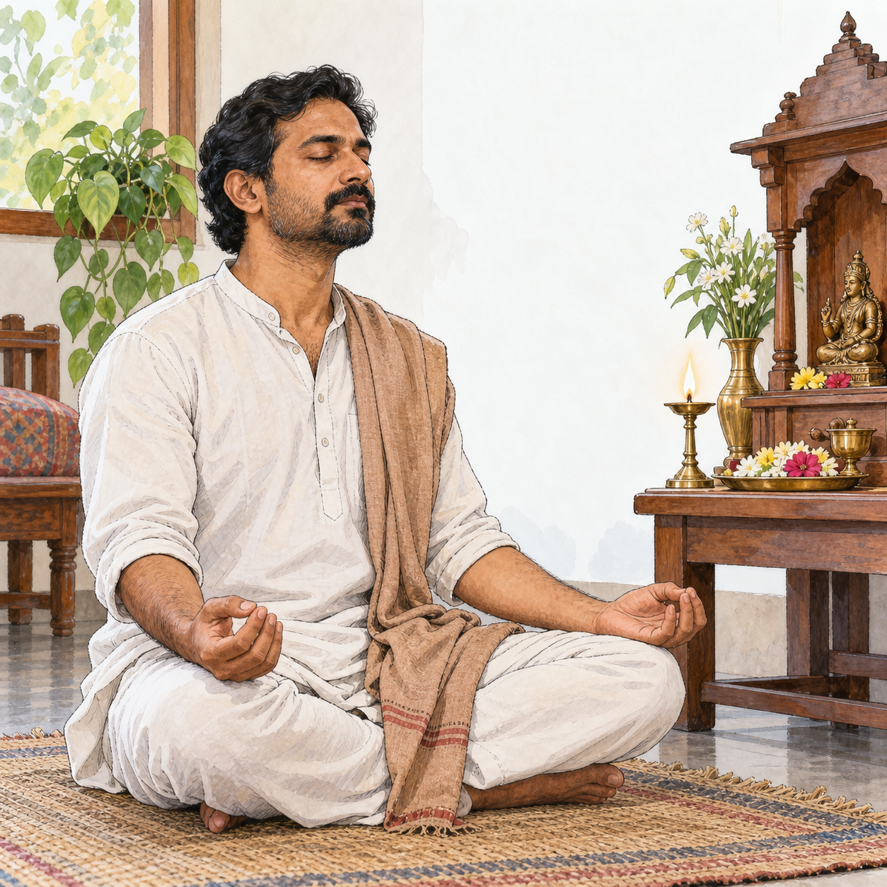 An adult South Asian man meditates thoughtfully beside a small home shrine, modest lamp and flowers supporting concern with inner sacred life.