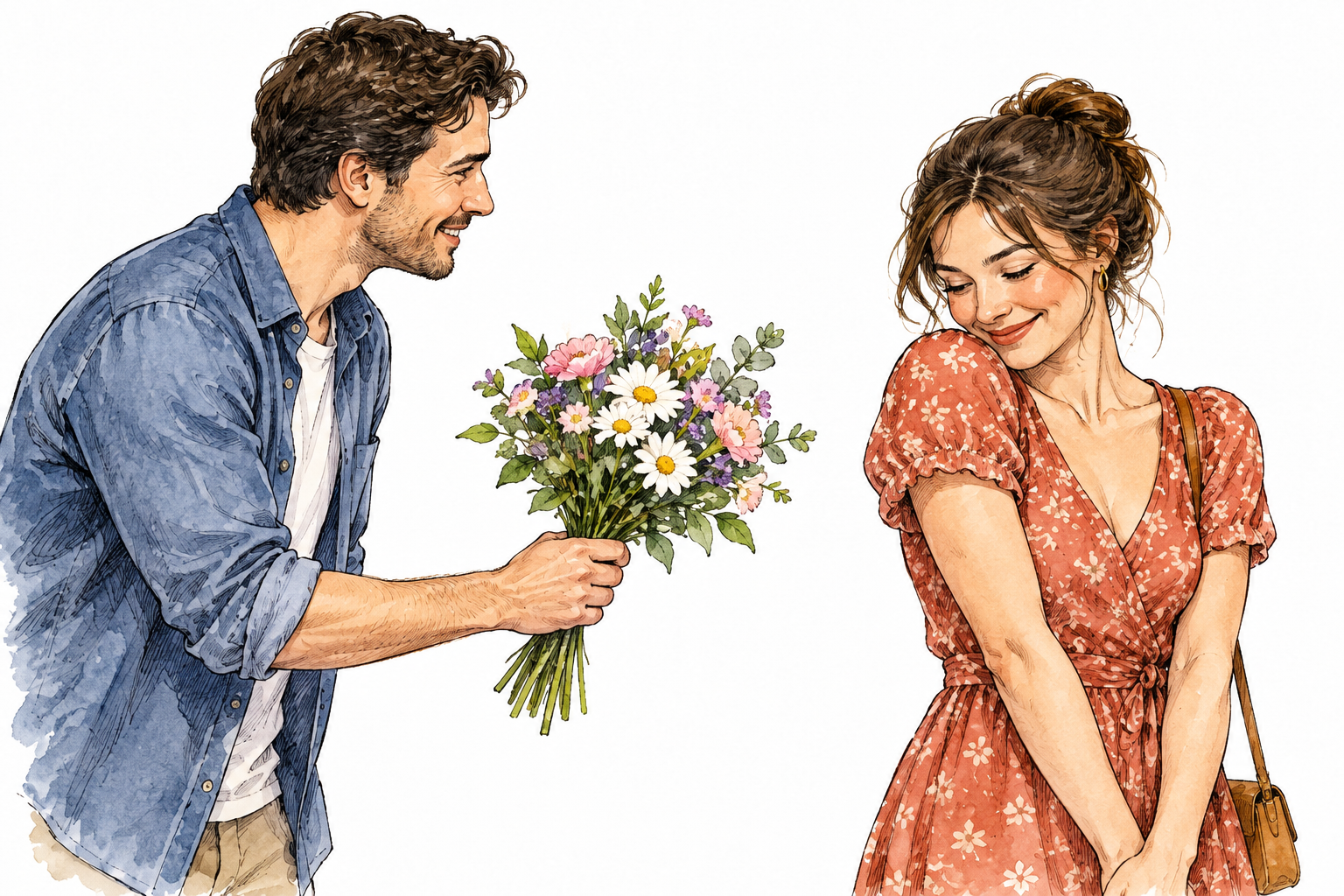 A modern adult woman smiles coyly and averts her eyes playfully while a friend offers flowers, gentle feigned shyness.