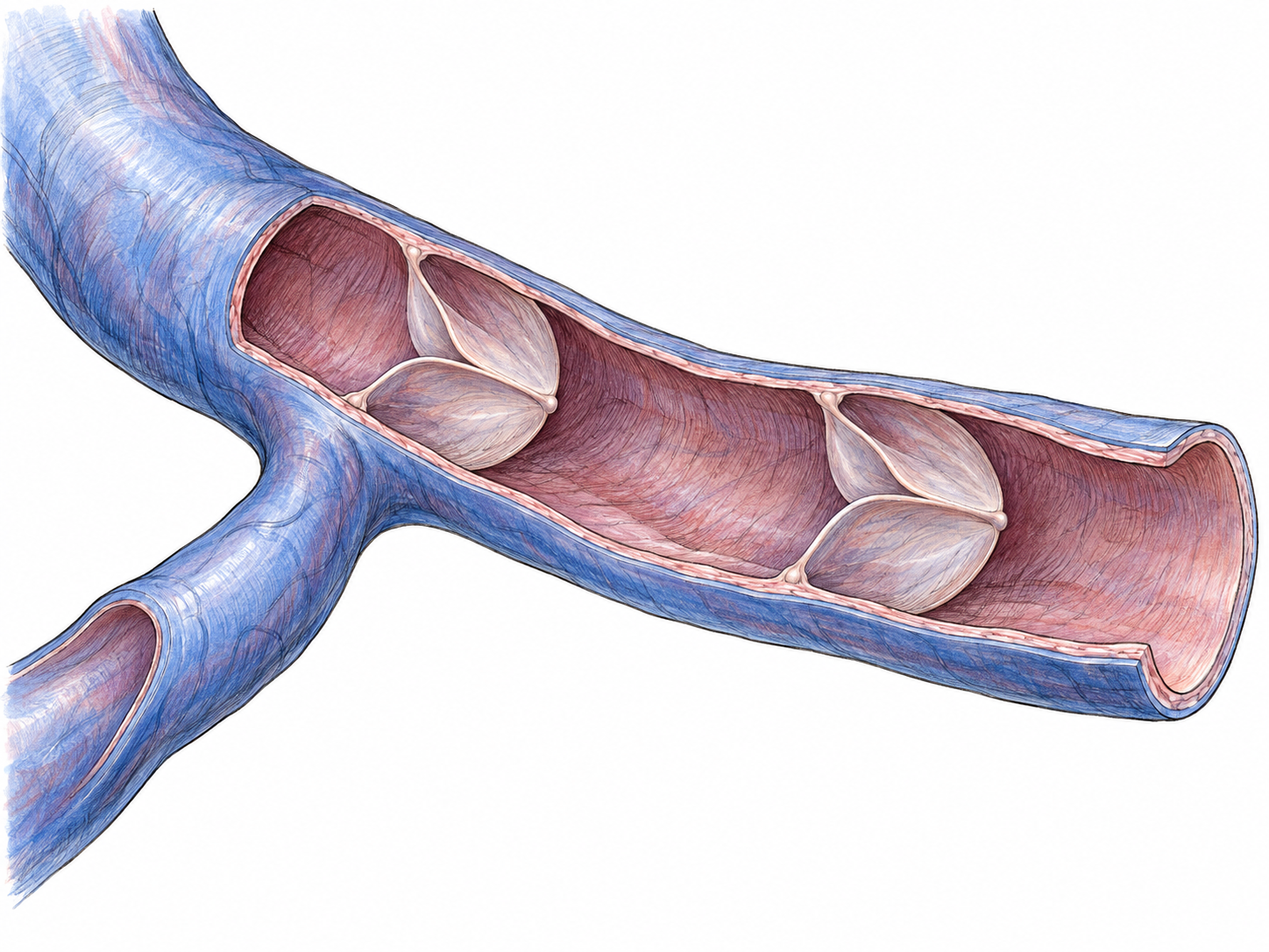An isolated anatomical vein segment, opened lengthwise to reveal thin walls and paired pocket-shaped valves, with a branching tributary joining it.