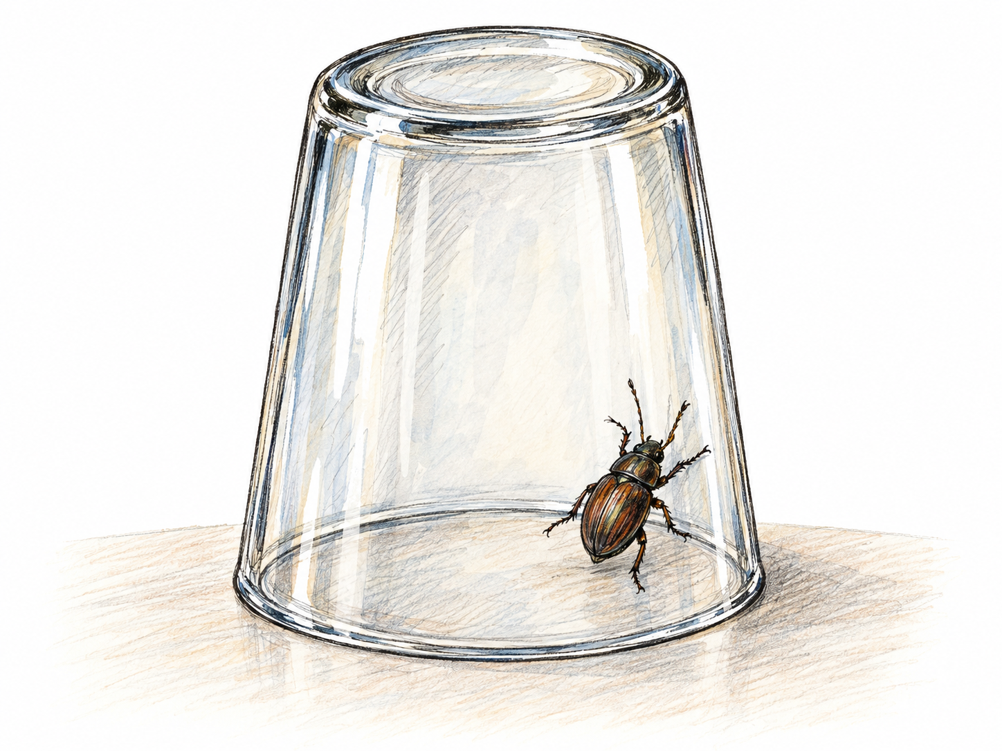 A beetle trapped beneath an inverted clear drinking glass presses against the glass wall; the rim rests flush on a smooth tabletop, leaving no route of escape.