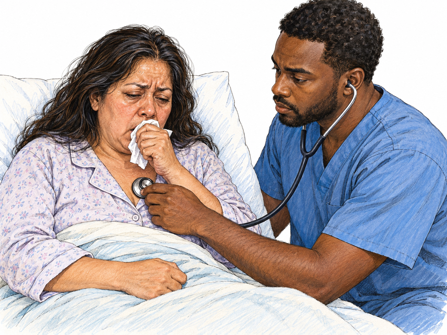 A visibly ill woman sits propped in bed, coughing into a tissue while a clinician listens to her chest with a stethoscope.