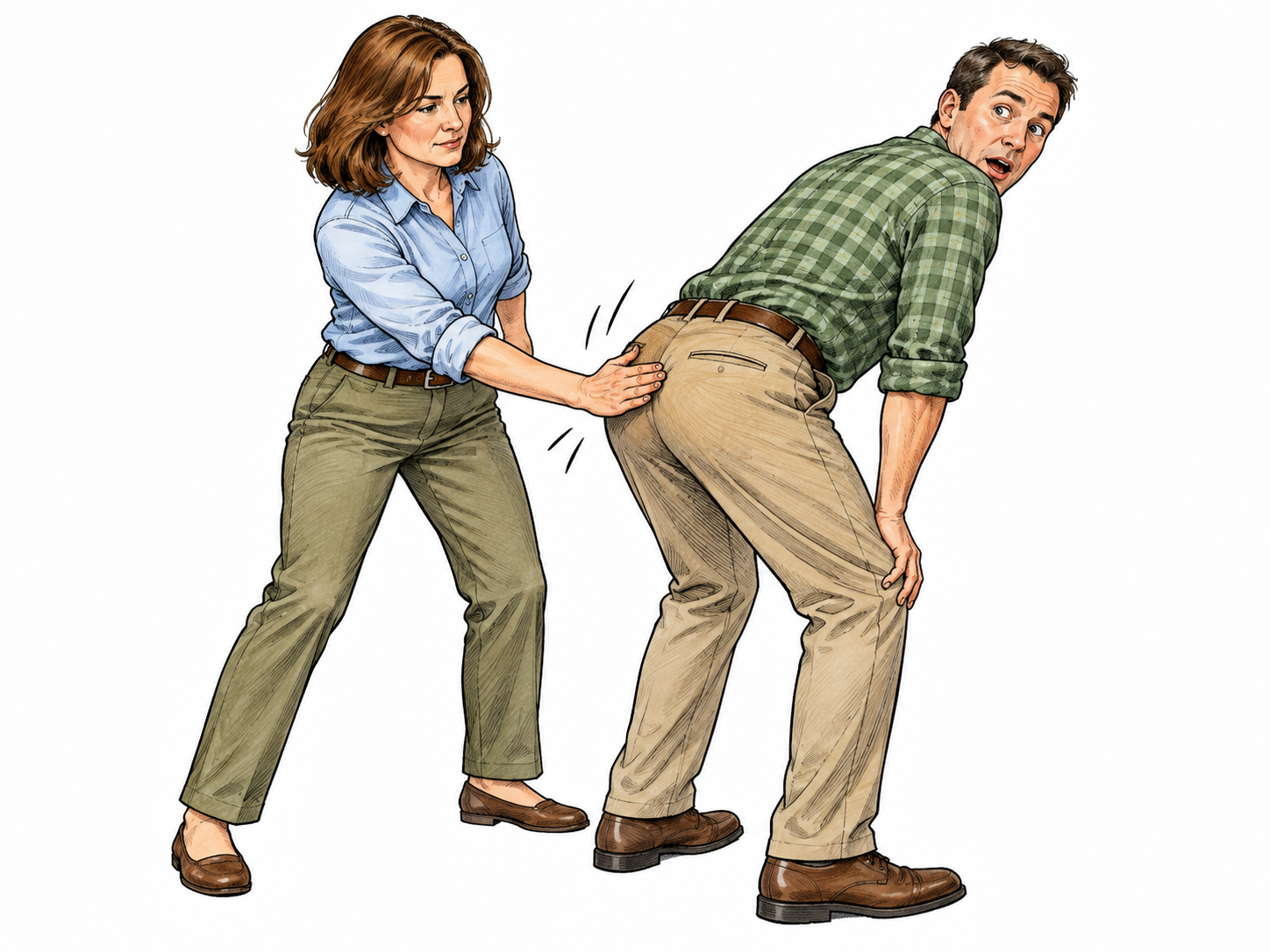A fully clothed adult receives one flat-handed disciplinary swat on clothed buttocks from another adult in a restrained staged theater rehearsal; no child, nudity, erotic framing, injury or humiliation.
