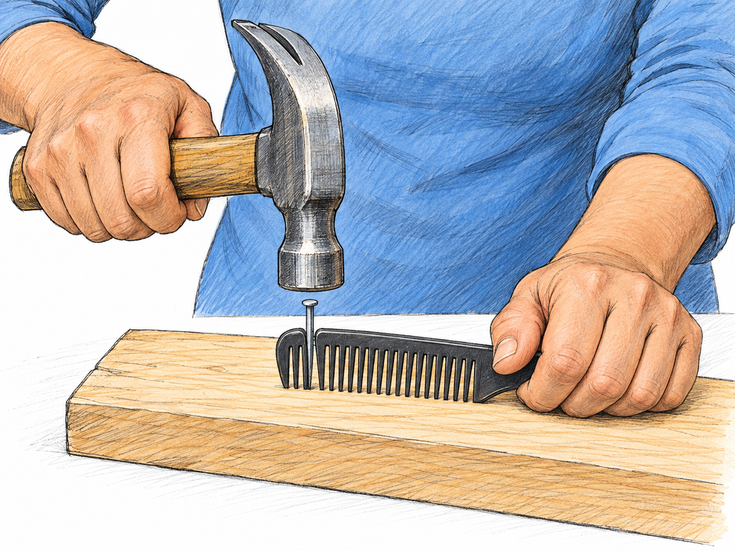 A close, hands-first view of a resourceful woman using an ordinary hair comb to hold a nail safely upright while starting it with a hammer.
