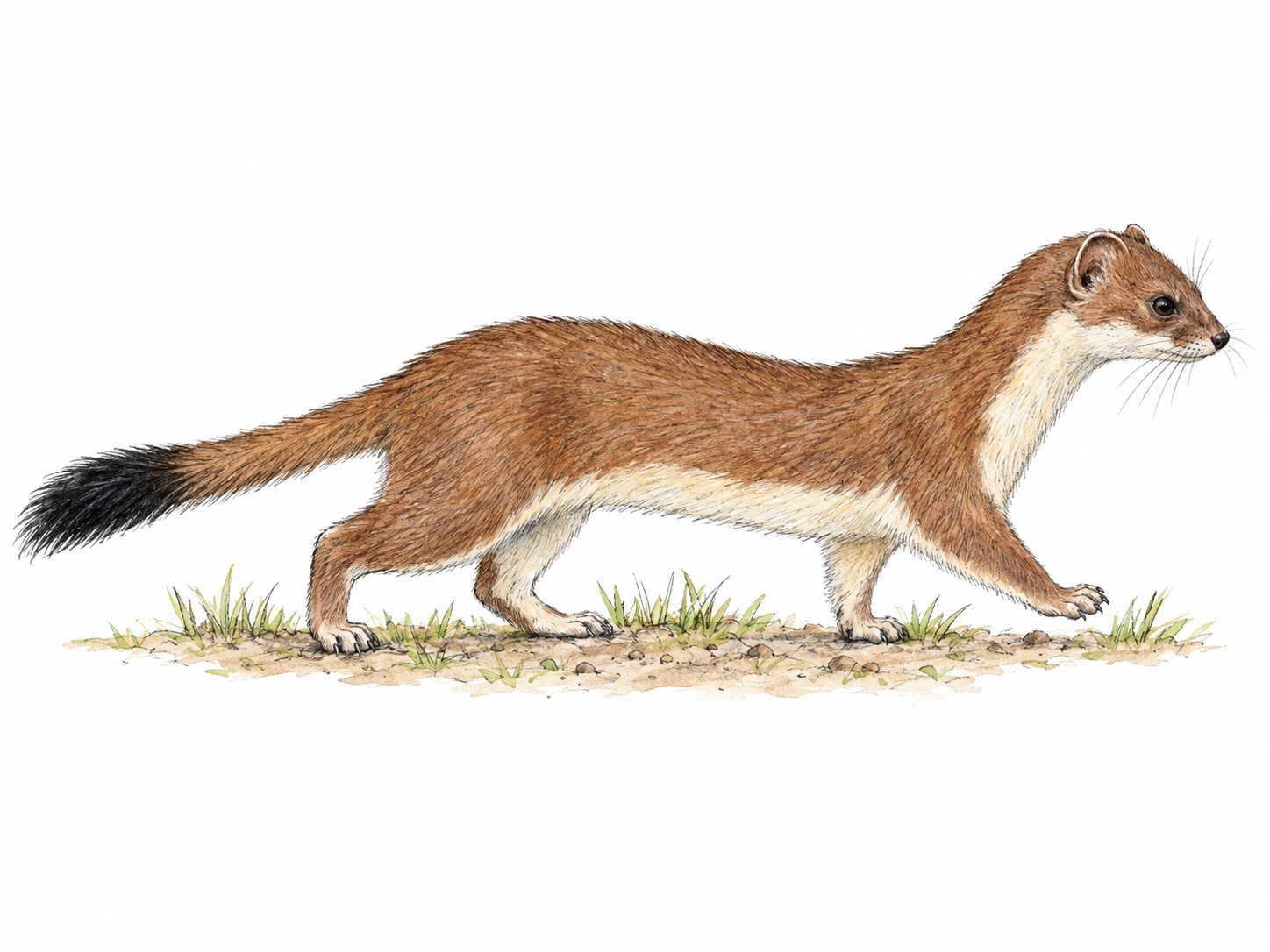 A single summer-coated stoat in side view, walking low to the ground, with its elongated body, short legs, rounded ears, and unmistakable black-tipped tail clearly visible.