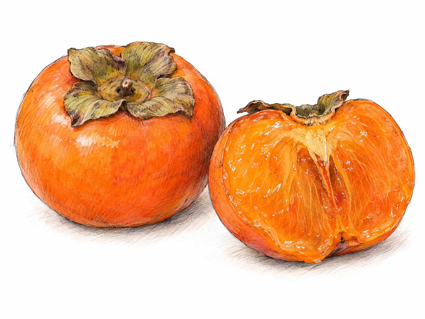 A whole ripe orange persimmon beside a cut-open half, showing its soft, glossy orange flesh and distinctive leafy calyx.