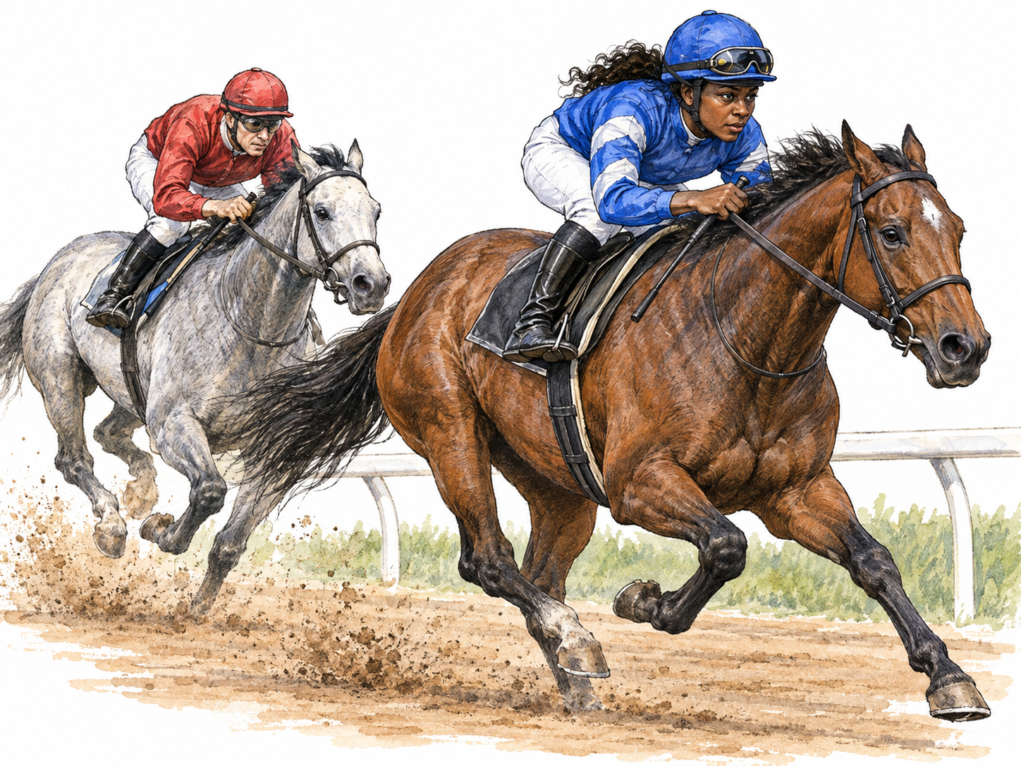A professional jockey crouches low over a galloping racehorse, with a second mounted racer slightly behind and an oval-track rail establishing a horse race rather than recreational riding.