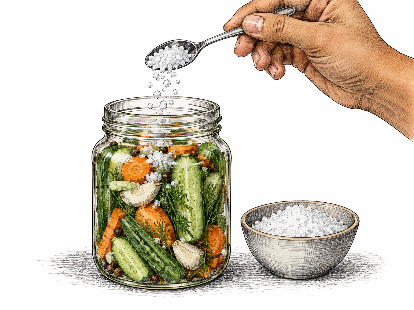 Close view of a hand sprinkling clearly drawn salt crystals from a small spoon onto food in a plain preservation vessel; salt as added substance is central, restrained food depiction with dark pen hatching, no labels or recipe instructions.