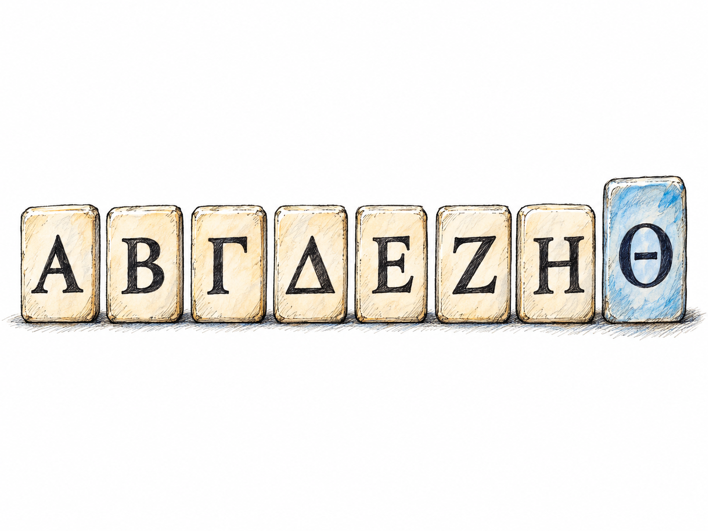 Eight Greek-letter tiles in alphabetic order, with the eighth tile prominently displaying Θ.