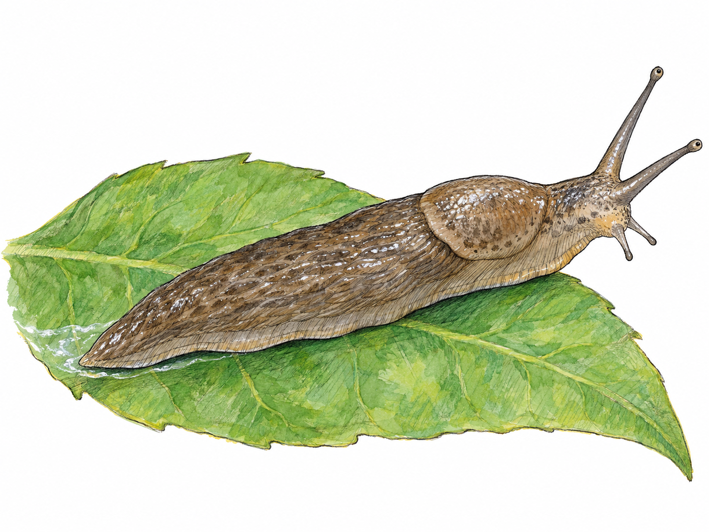 A close, three-quarter side view of a single garden slug crawling on a small green leaf, its shell-less body, mantle, tapered tail and extended tentacles clearly visible.