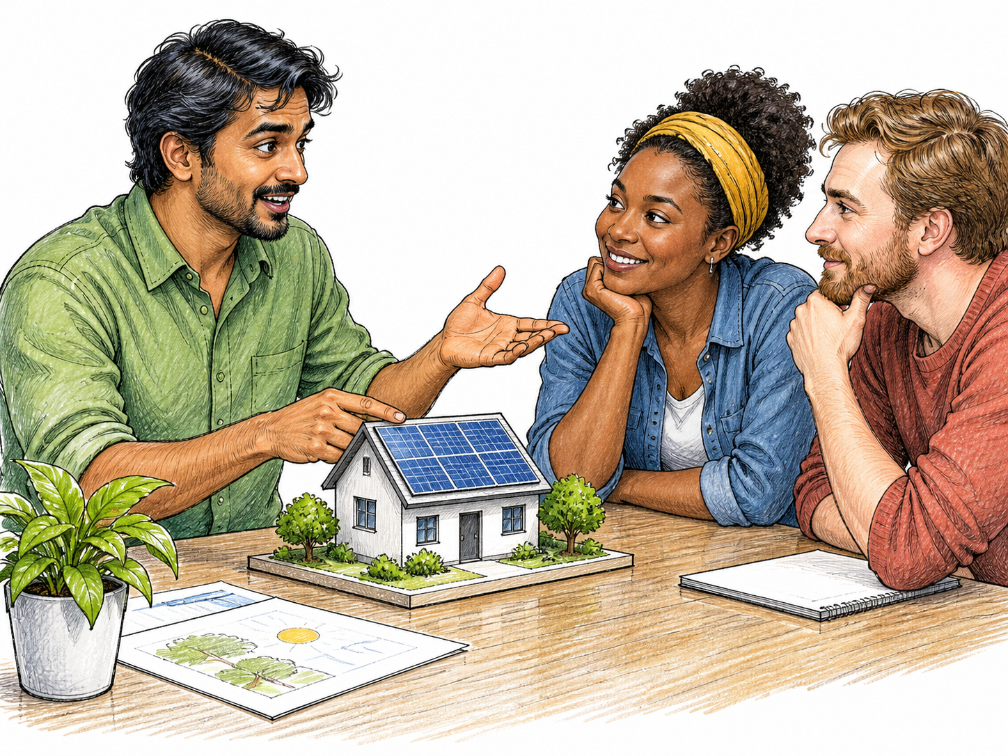An animated adult promotes a solar-house model to attentive listeners.