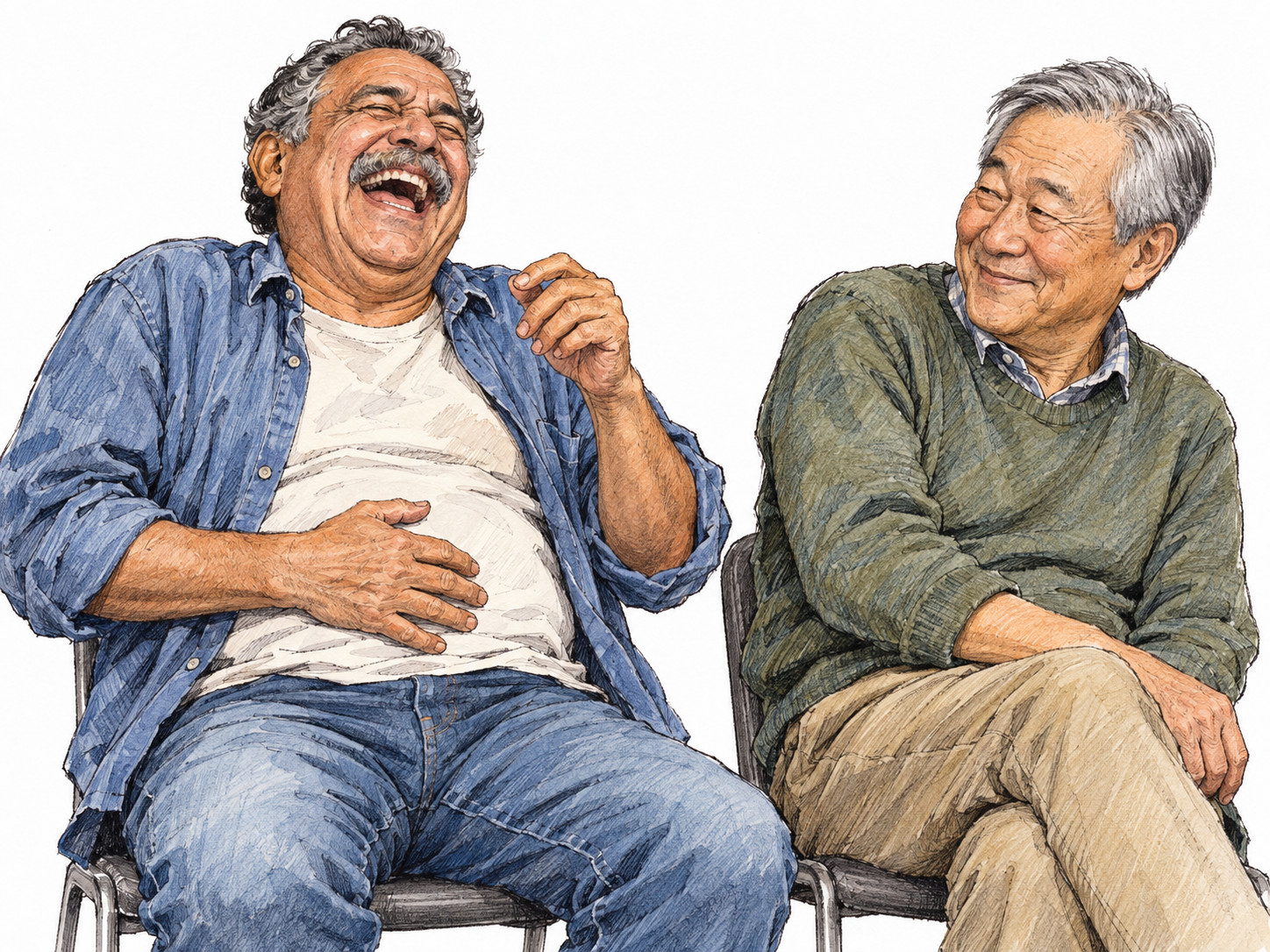 An older man erupts in a hearty, open-mouthed laugh, head tipped back and one hand clutching his belly; his seated friend leans away slightly with an amused grin, reinforcing the laugh's boisterous intensity.