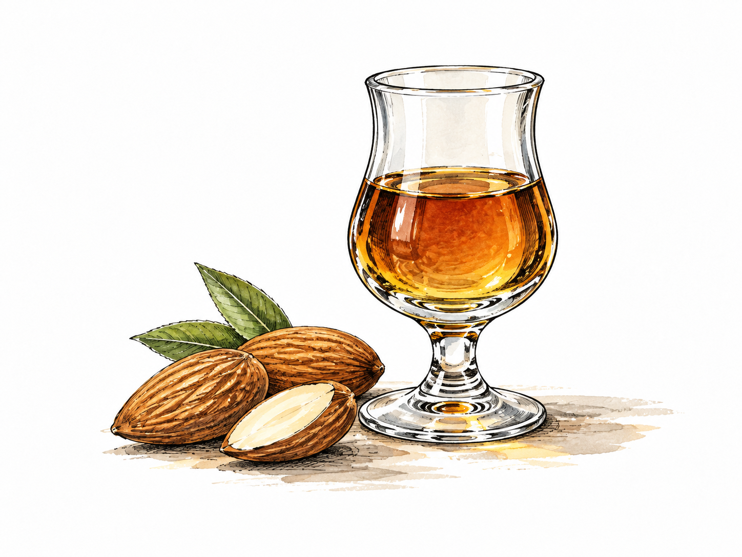 A small glass of amber amaretto beside almonds, no bottle label.
