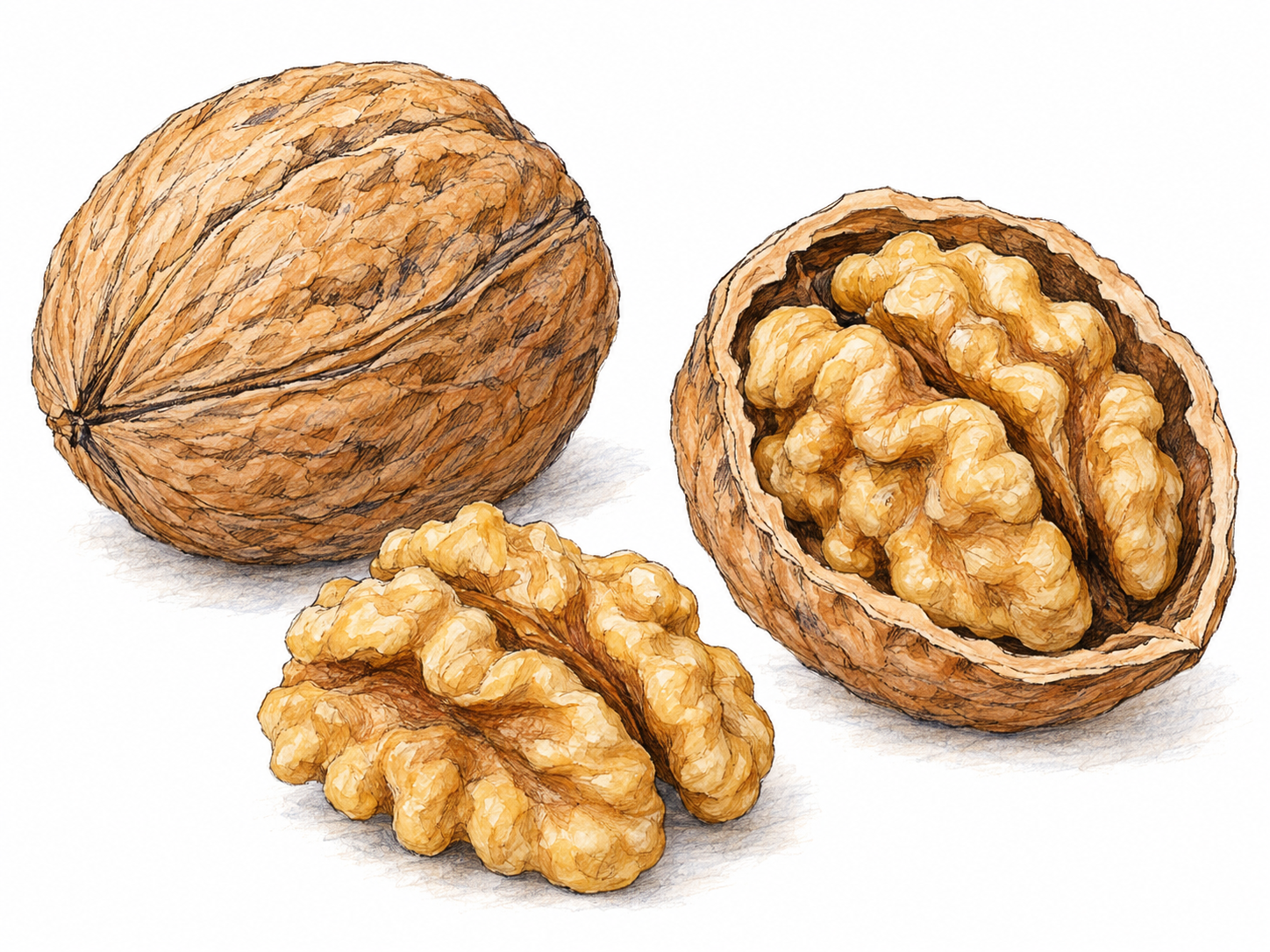 A close-up walnut still life showing one intact hard shell, one cracked-open half holding its wrinkled kernel, and one exposed kernel beside it.
