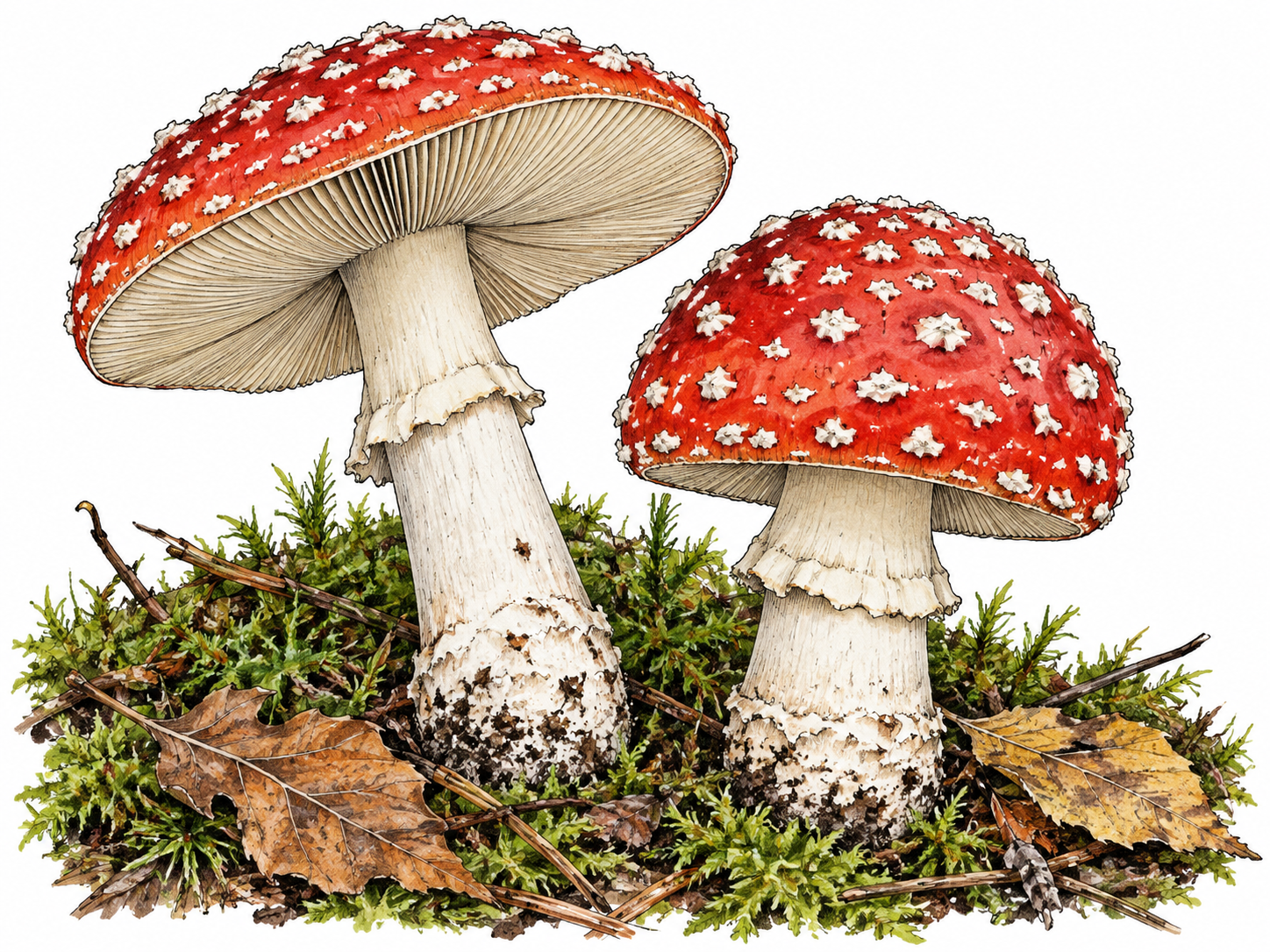 Two naturally red-capped, white-spotted fly agaric mushrooms growing from moss and leaf litter, one angled to reveal pale gills beneath its cap.
