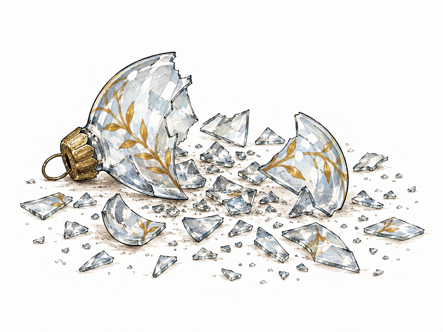 A broken fragile glass ornament lies reduced to many tiny shards beyond recognizable reconstruction, unrecoverable loss, no injury.