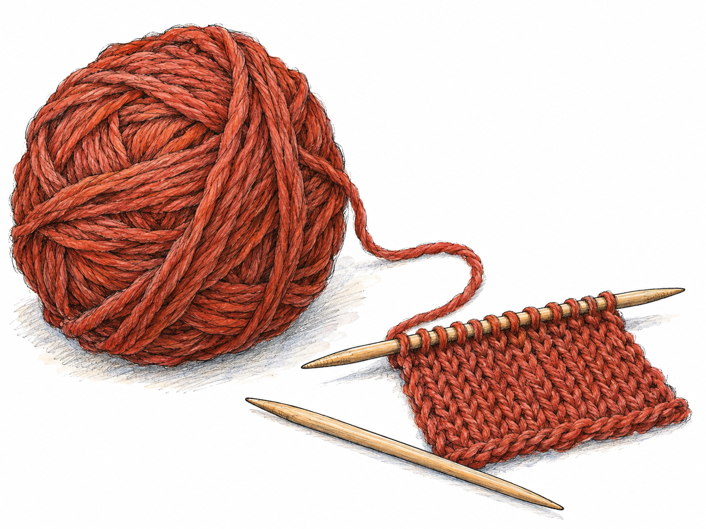 A loosely wound ball of wool yarn with a clearly visible strand leading to a small unfinished knitted swatch on two knitting needles.