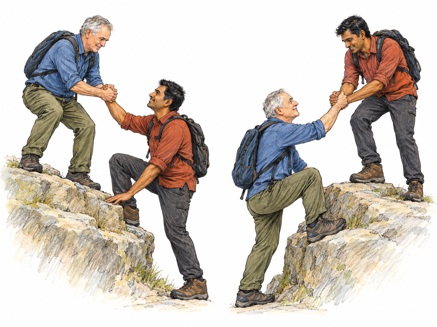 Two sequential vignettes show two hikers reciprocating help: an older man pulls a middle-aged man onto a low rock ledge; farther along, the middle-aged man returns the favor by helping the older man over another ledge.