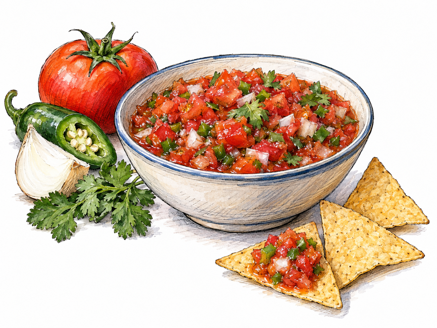A shallow bowl of chunky red tomato salsa with visible onion, green chile, and cilantro, accompanied by a few tortilla chips and a small grouping of its fresh ingredients.