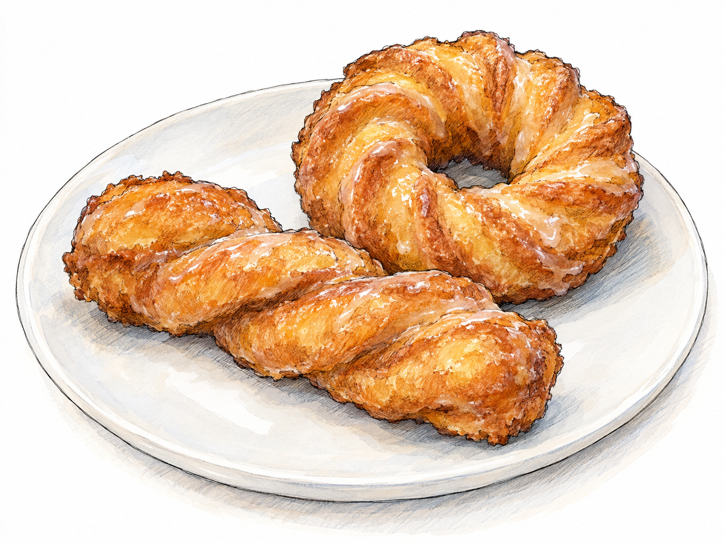 A close-up of two small golden-brown crullers on a plain white plate: one twisted strip and one deeply ridged ring, with crisp fried surfaces and a light glaze.