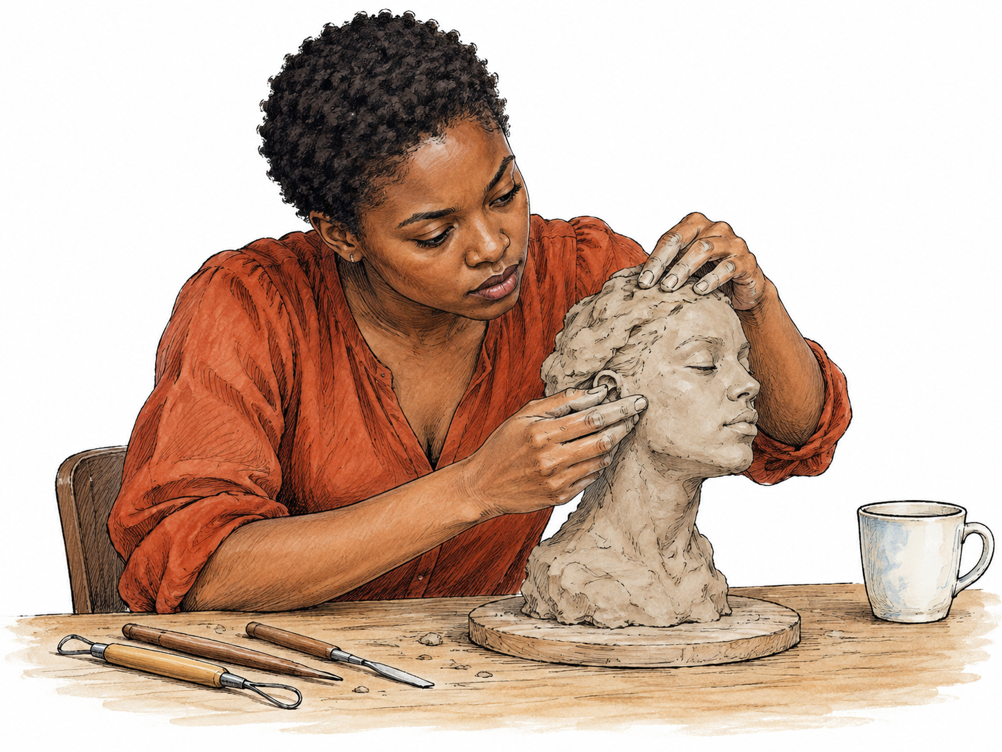 Absorbed artist leans intently over clay sculpture, hands carefully shaping face, modest cluster of tools at table edge, focused expression oblivious to simple unused cup; deep involvement in activity, white background.