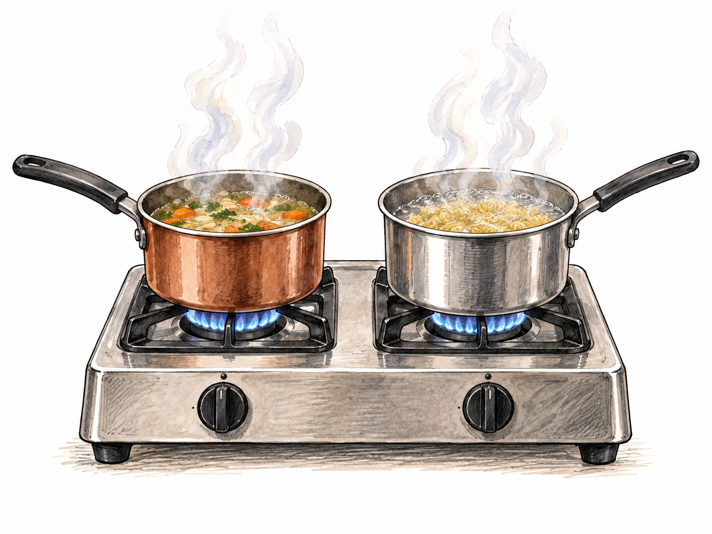 Two adjacent small cooking pots simmer simultaneously on the same two-burner stove, both steaming at once, no text.
