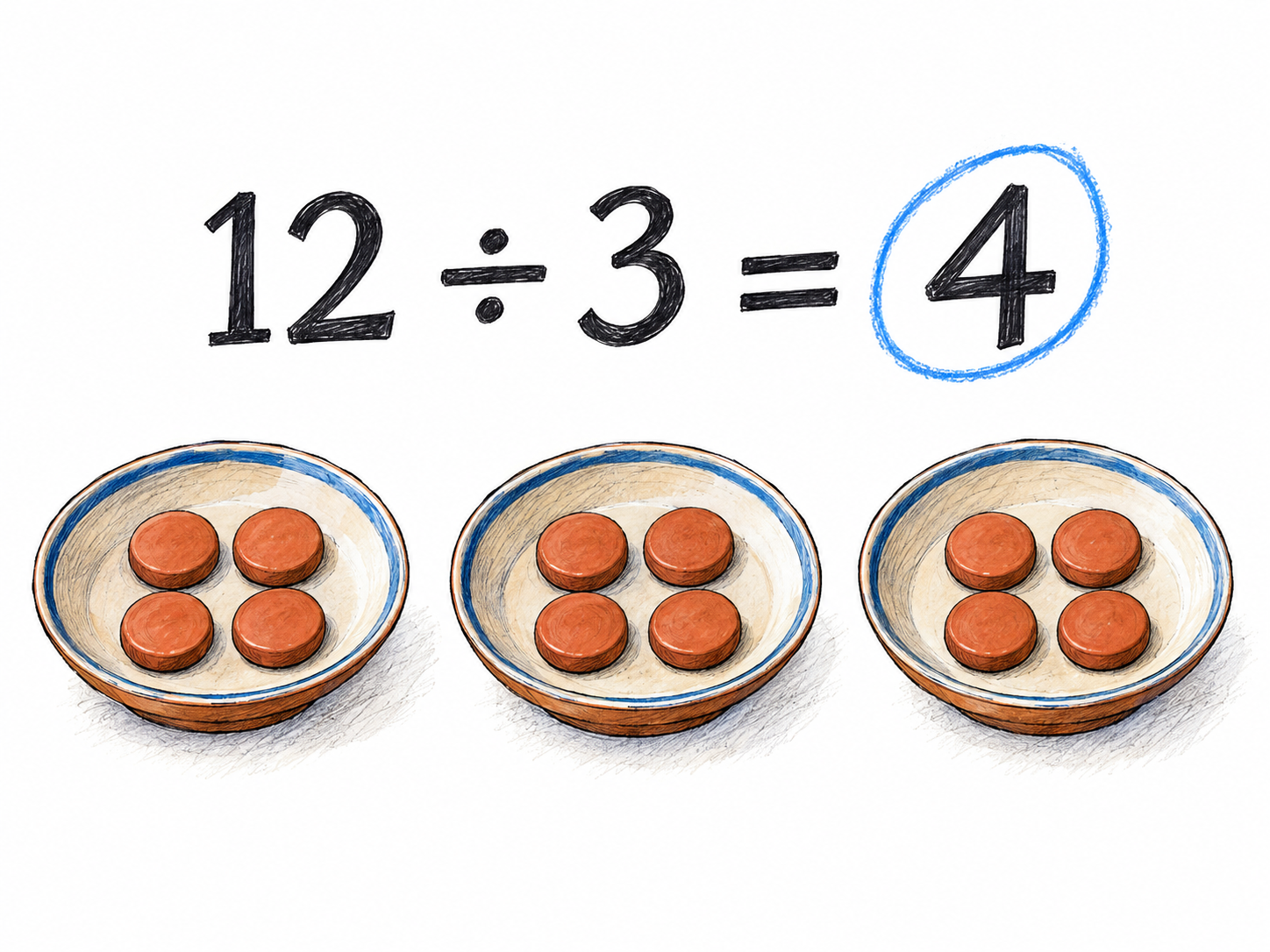 A simple division equation, 12 ÷ 3 = 4, with the final 4 distinctly circled, above three small dishes containing four counters each.