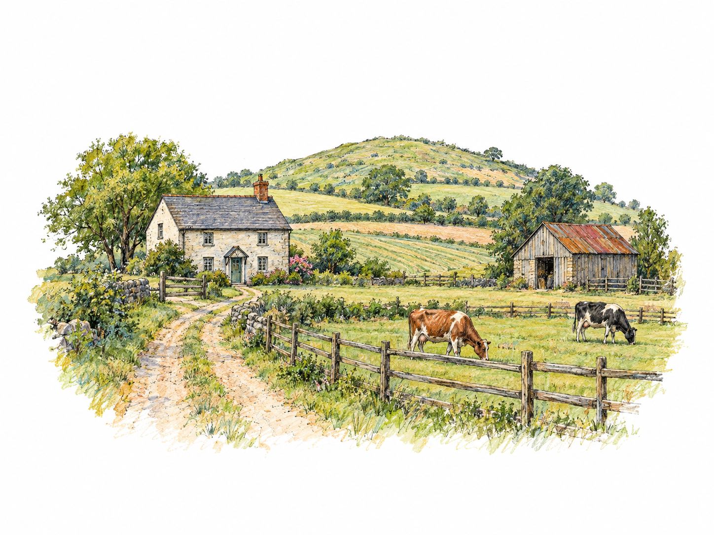 A compact countryside landscape: a small farmhouse and barn beside cultivated fields, a fenced pasture with two grazing cows, and a narrow dirt lane.