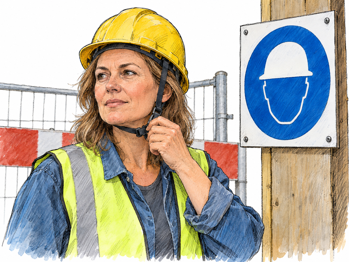 A woman complies with a posted hard-hat requirement: beside a prominent blue circular helmet pictogram at a worksite entrance, she wears a correctly secured hard hat.