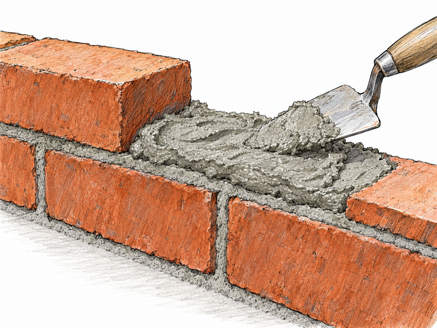 A close view of a small unfinished brick wall shows thick, wet gray mortar bedding the bricks and filling their joints, with a loaded masonry trowel resting beside the exposed mortar bed.
