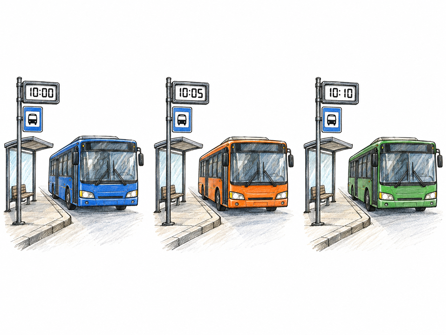 Three successive views of the same bus stop show different buses arriving at 10:00, 10:05, and 10:10, making the short intervals between arrivals visible.