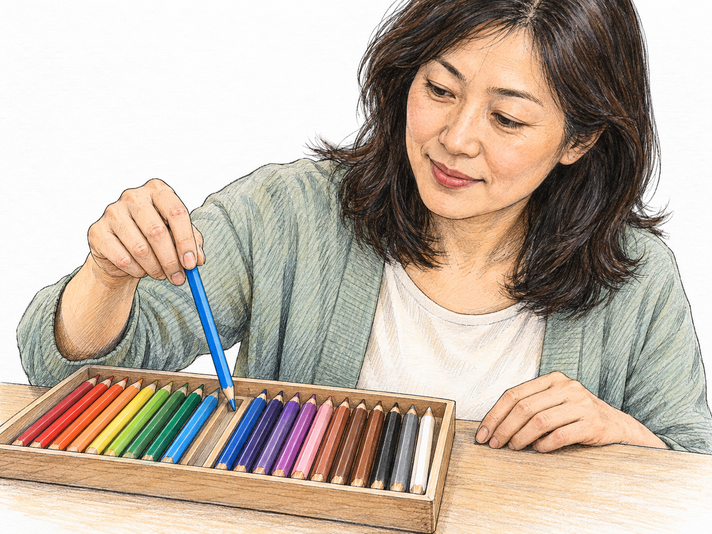 A woman selects one colored pencil from a clearly visible array of differently colored pencils, lifting it away while the alternatives remain in their tray.