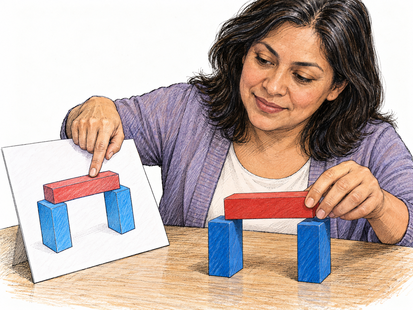 A woman demonstrates comprehension of a simple pictorial construction plan by correctly building its three-dimensional counterpart, visibly matching the final block to its position in the diagram.