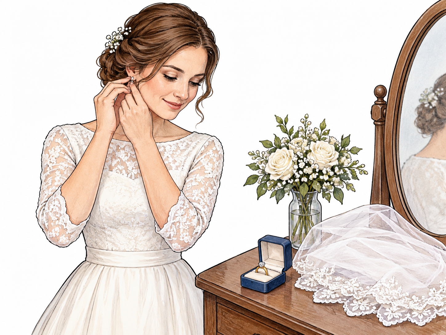 A clearly adult woman25 in modest ordinary formal clothing prepares for her wedding, with a ring and folded veil on a table; adult marriageability sense, no minors, nudity or sexualized pose.