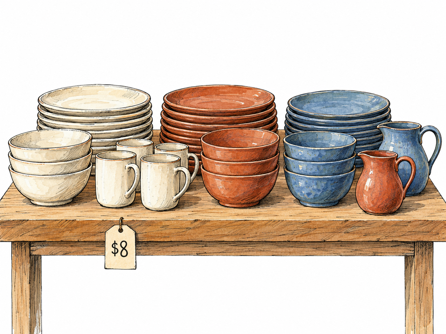 A small market display of ceramic ware: matching glazed bowls, mugs, plates and pitchers arranged in orderly sale stock, with one minimal price tag establishing that these are merchandise rather than a table set for dining.