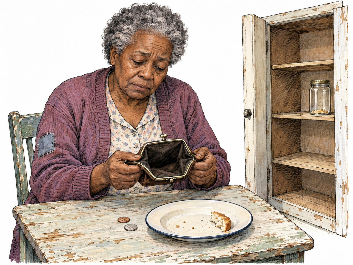 An older woman sits at a bare, damaged kitchen table, holding an empty coin purse open beside two small coins.