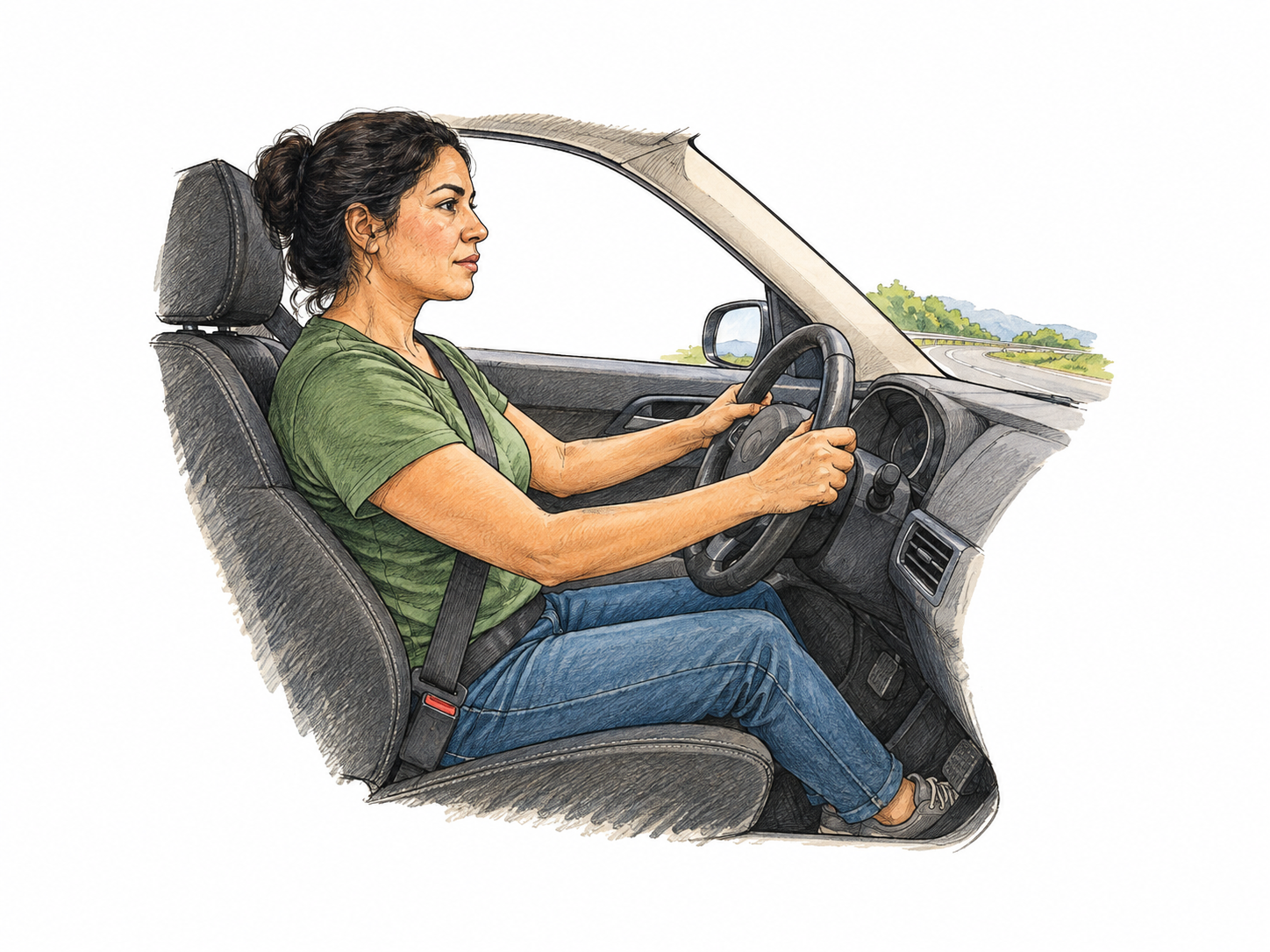 An adult woman drives a modern car, viewed from the passenger side through a simplified cutaway cabin: both hands naturally on steering wheel, eyes ahead, seatbelt visible, feet oriented toward pedals.
