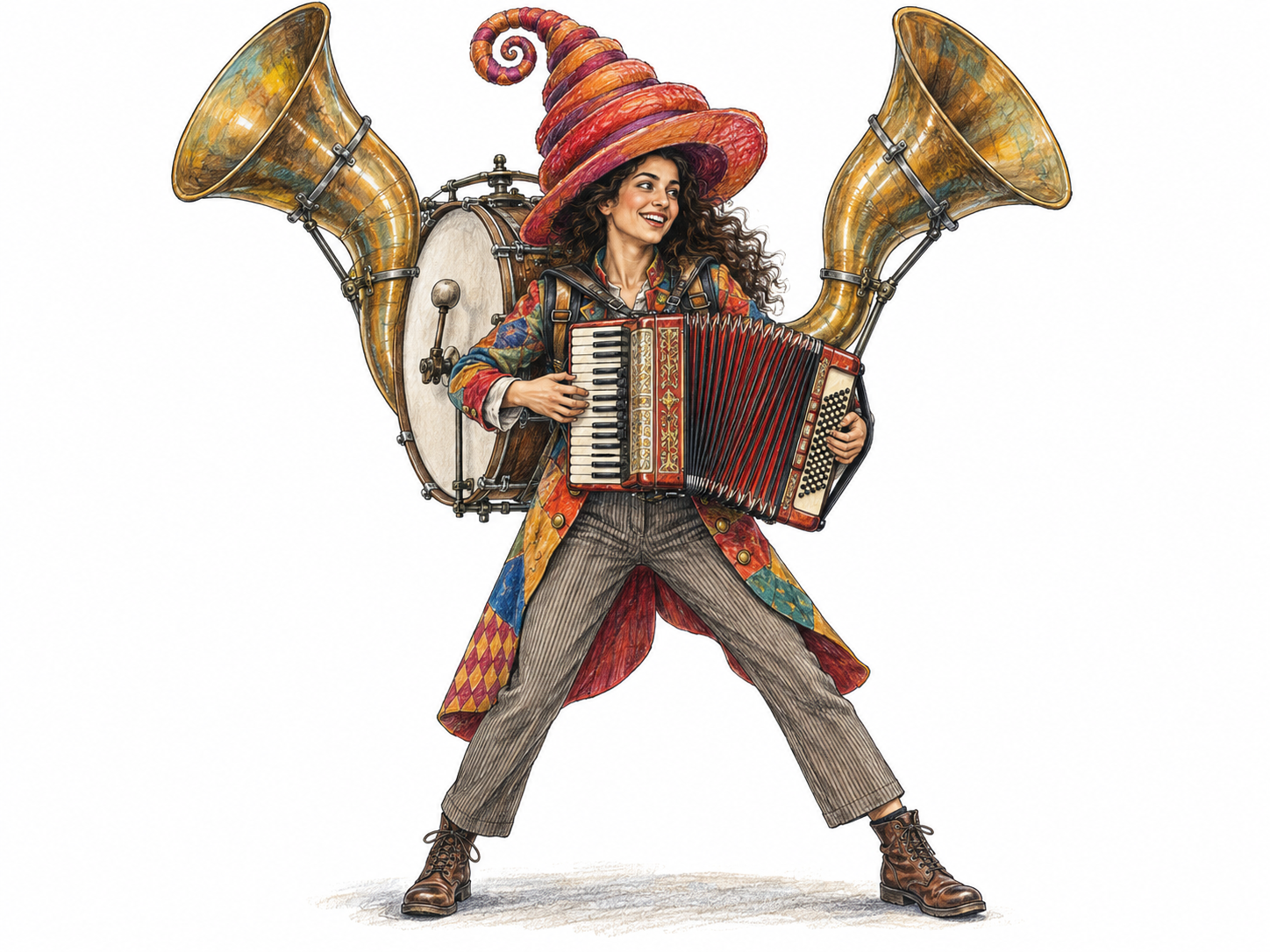 A wildly over-the-top one-woman musical act: a performer wears an enormous spiral-shaped hat and plays a wearable contraption combining an accordion, back-mounted bass drum, and towering brass horns.