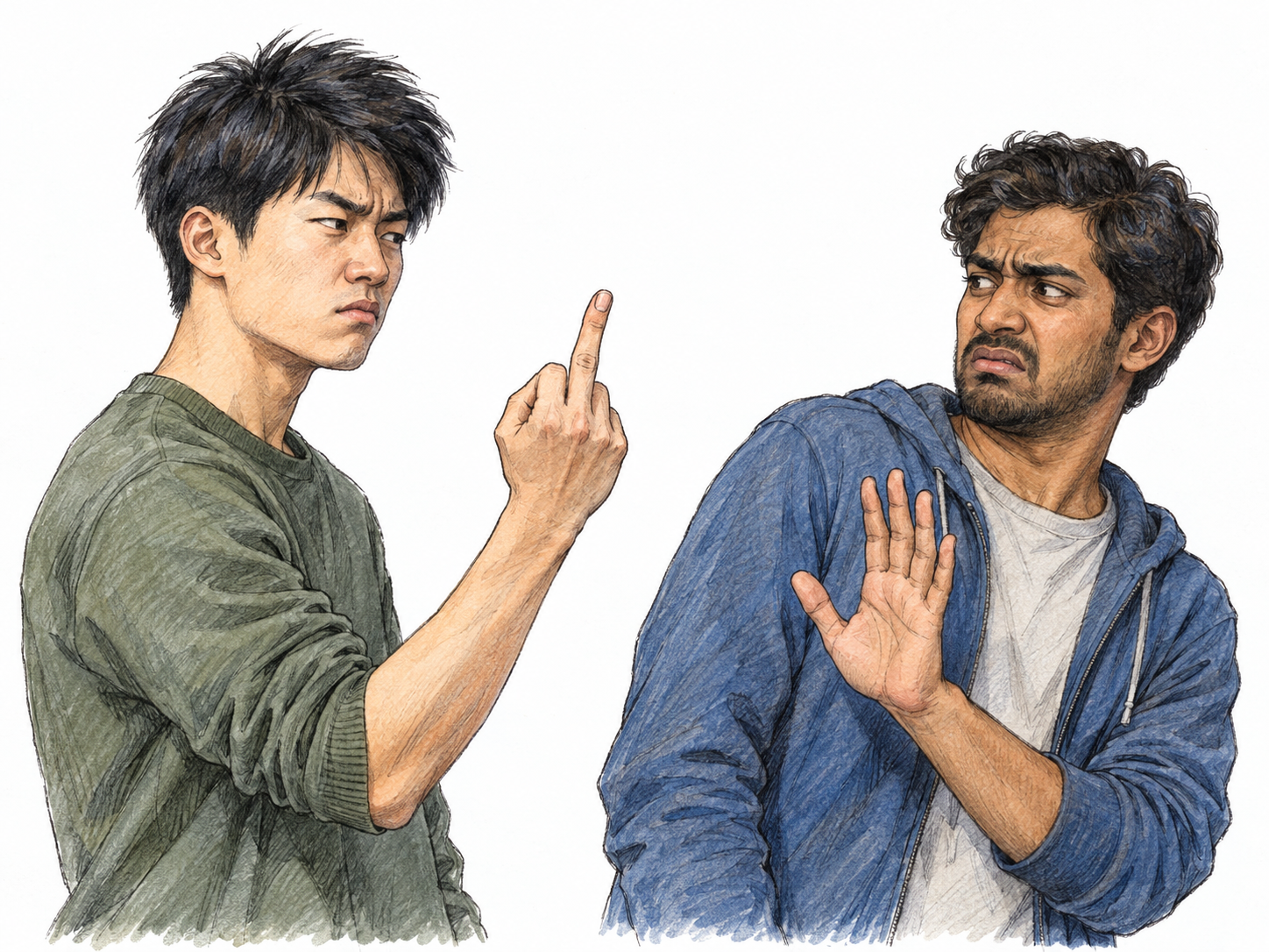 A young adult man makes an unmistakably vulgar middle-finger gesture toward another young adult man, who recoils with an offended expression and raises a palm in objection.