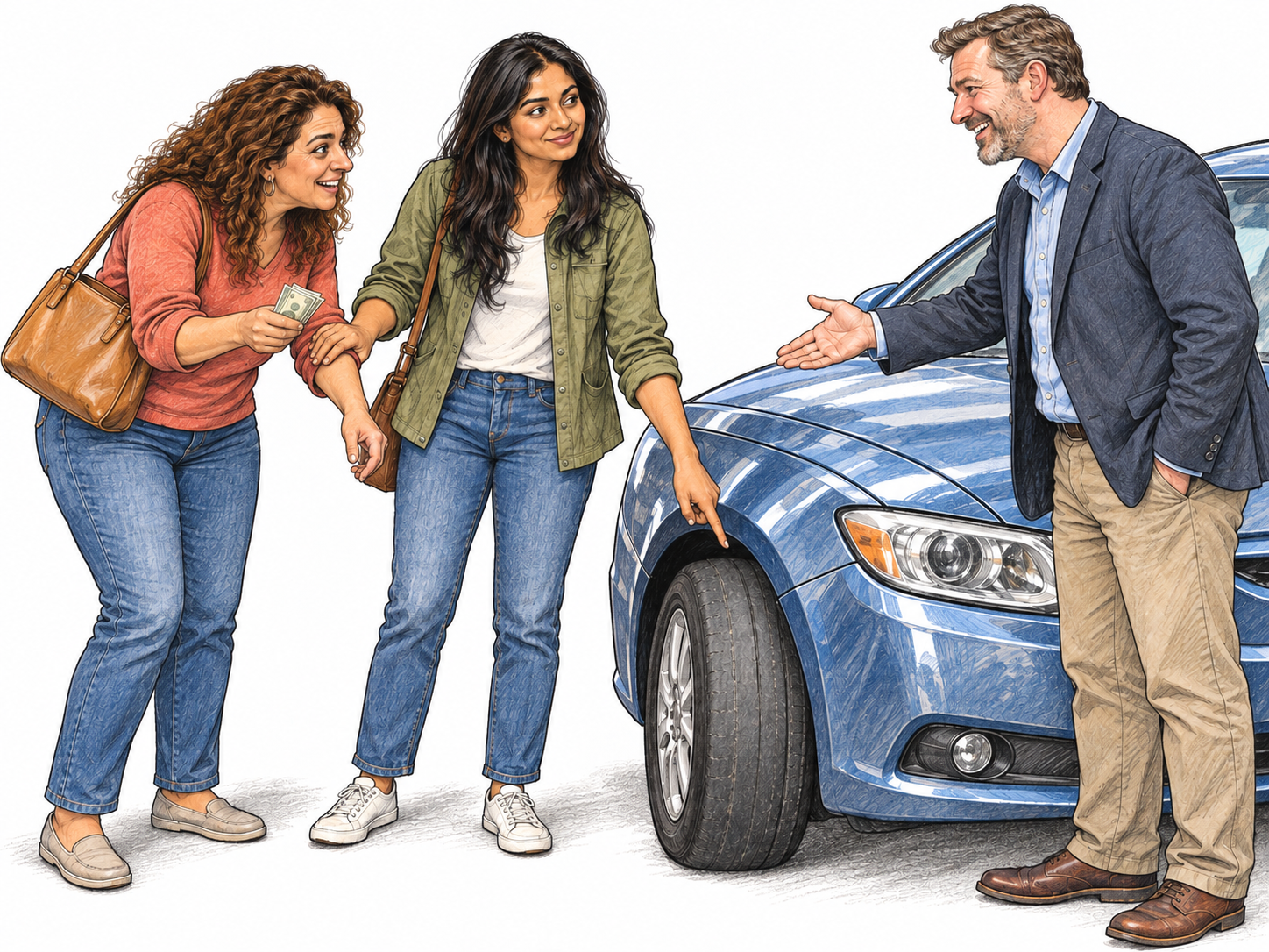 A worldly buyer remains pleasantly unimpressed by a used-car seller's charm: while her companion admires the polished exterior, she checks concealed wear and calmly controls the negotiation.