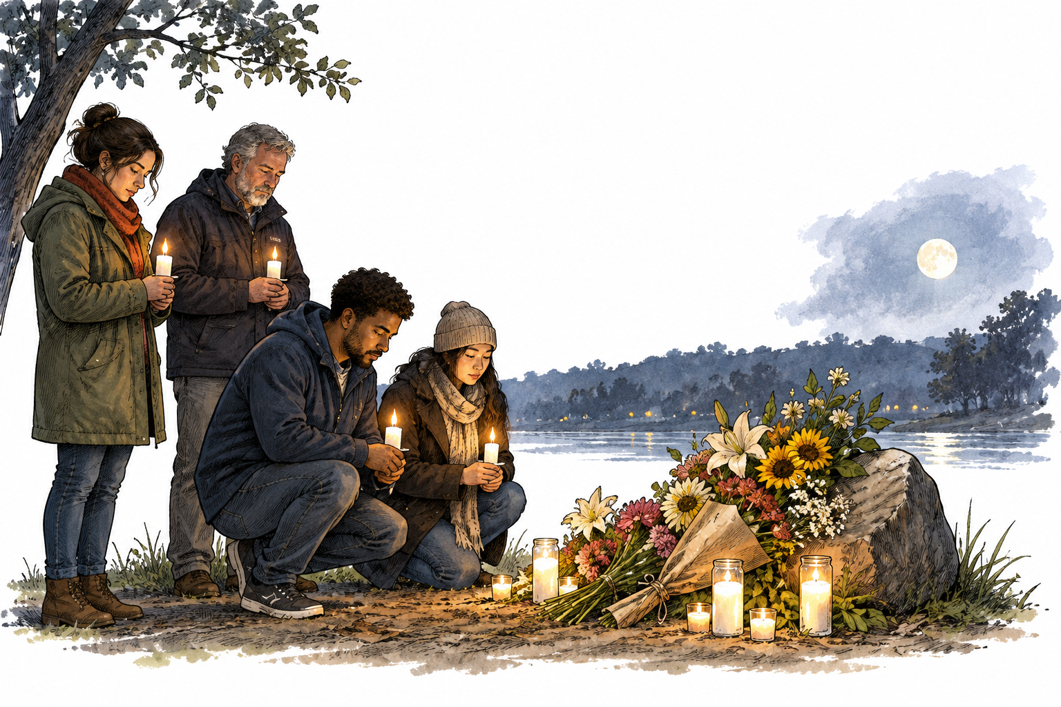 A small group quietly holds candles through the night beside a memorial flower arrangement, attentive vigil.