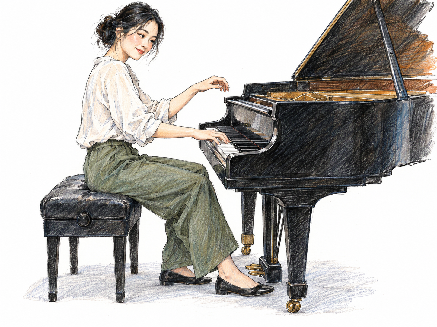 A young pianist plays a lively, playful passage on a grand piano, her buoyant posture and lightly lifted wrist conveying musical wit rather than solemn performance.
