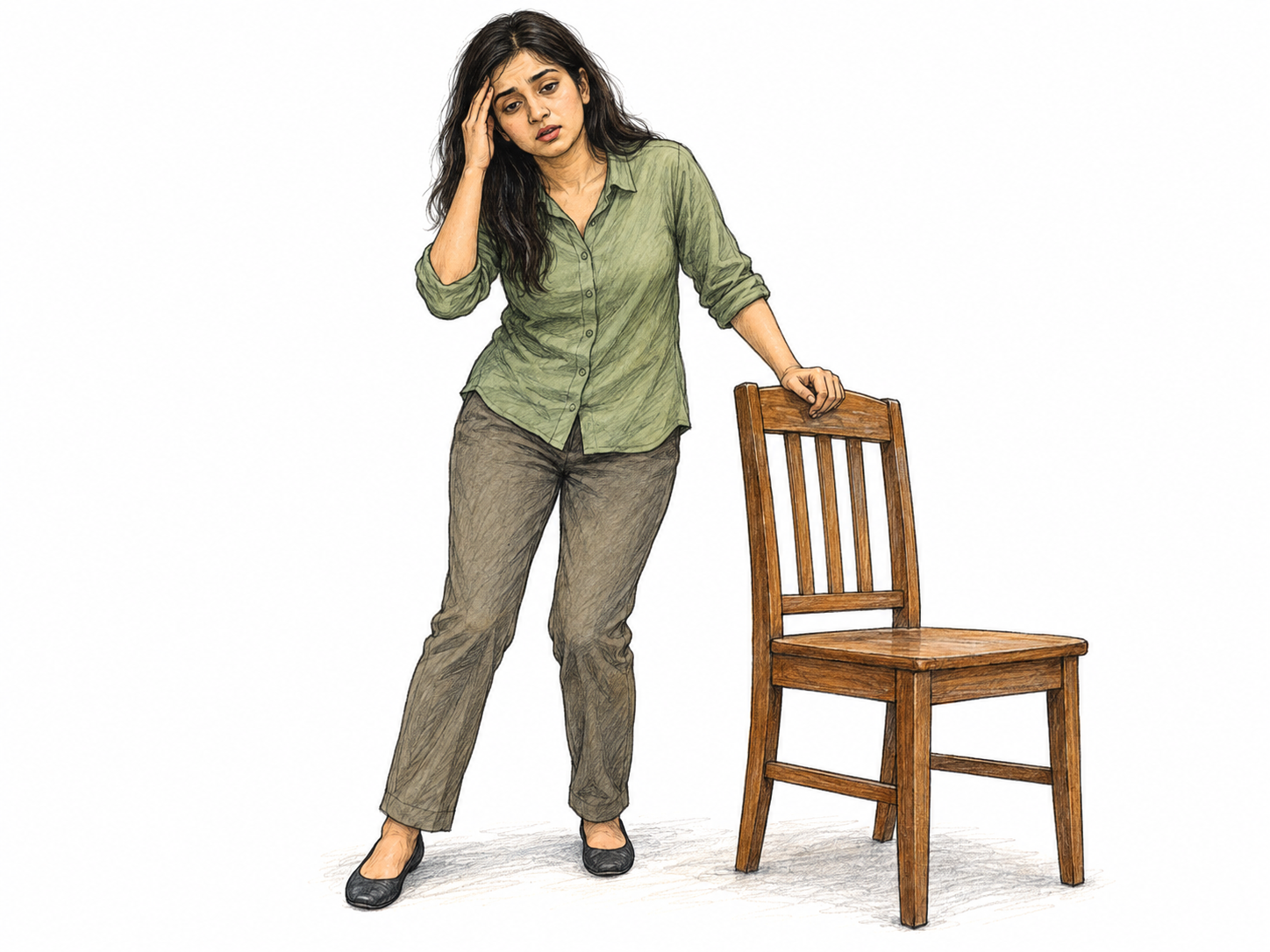 A visibly unsteady young woman pauses beside a chair, bracing herself on its back with one hand and holding her temple with the other; her slack posture, unfocused eyes and uncertain footing convey wooziness.