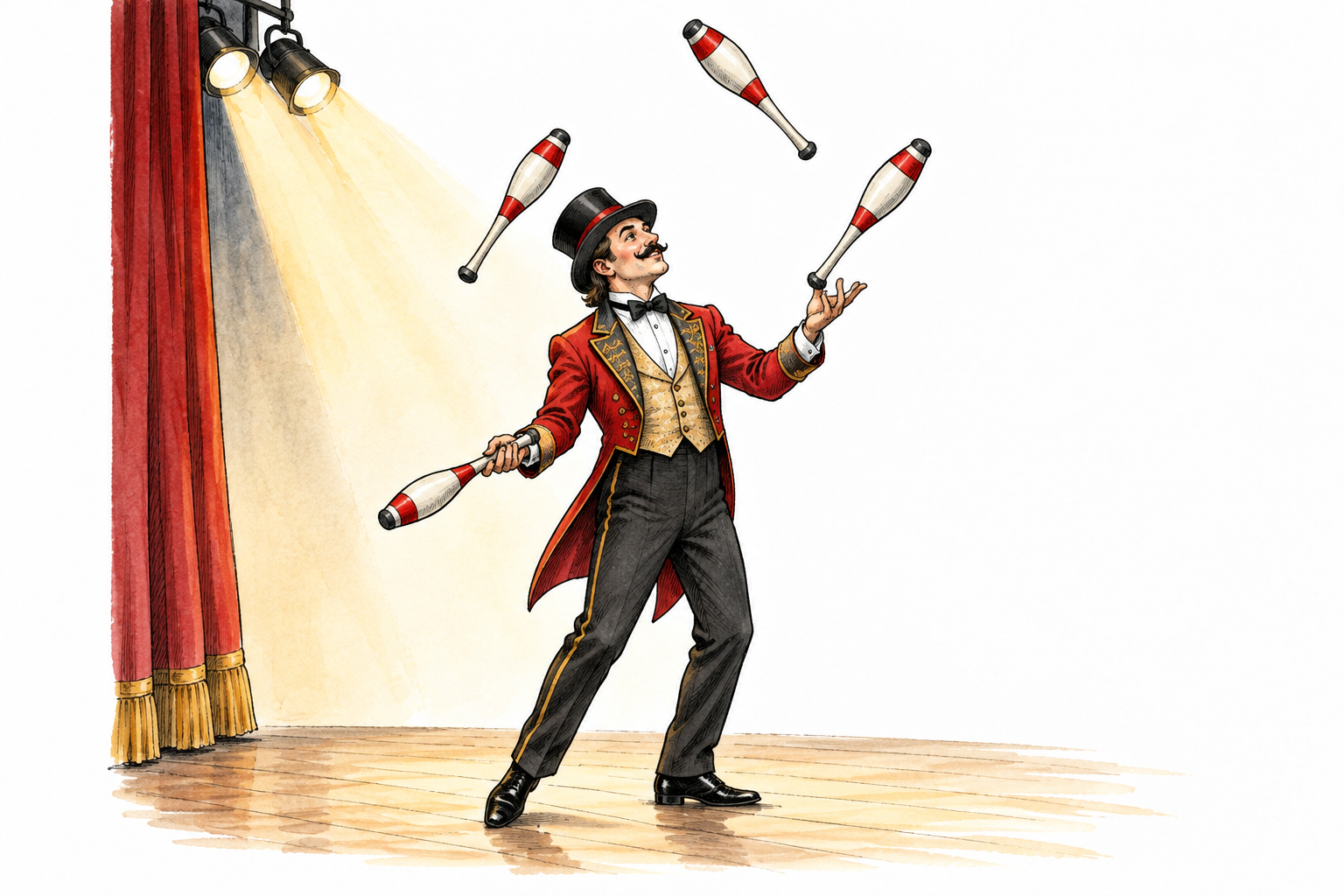 A professional stage juggler in elegant costume skillfully balances and tosses several clubs under theater lights, confident showmanship.