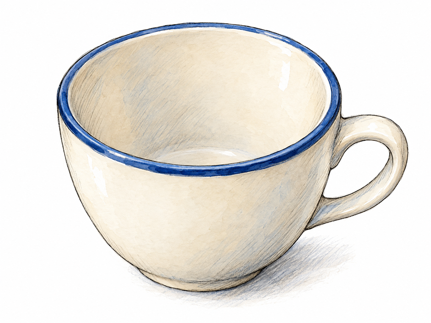 A close-up of a simple ceramic cup with a contrasting glazed upper rim, viewed slightly from above so its continuous upper edge is unmistakable.
