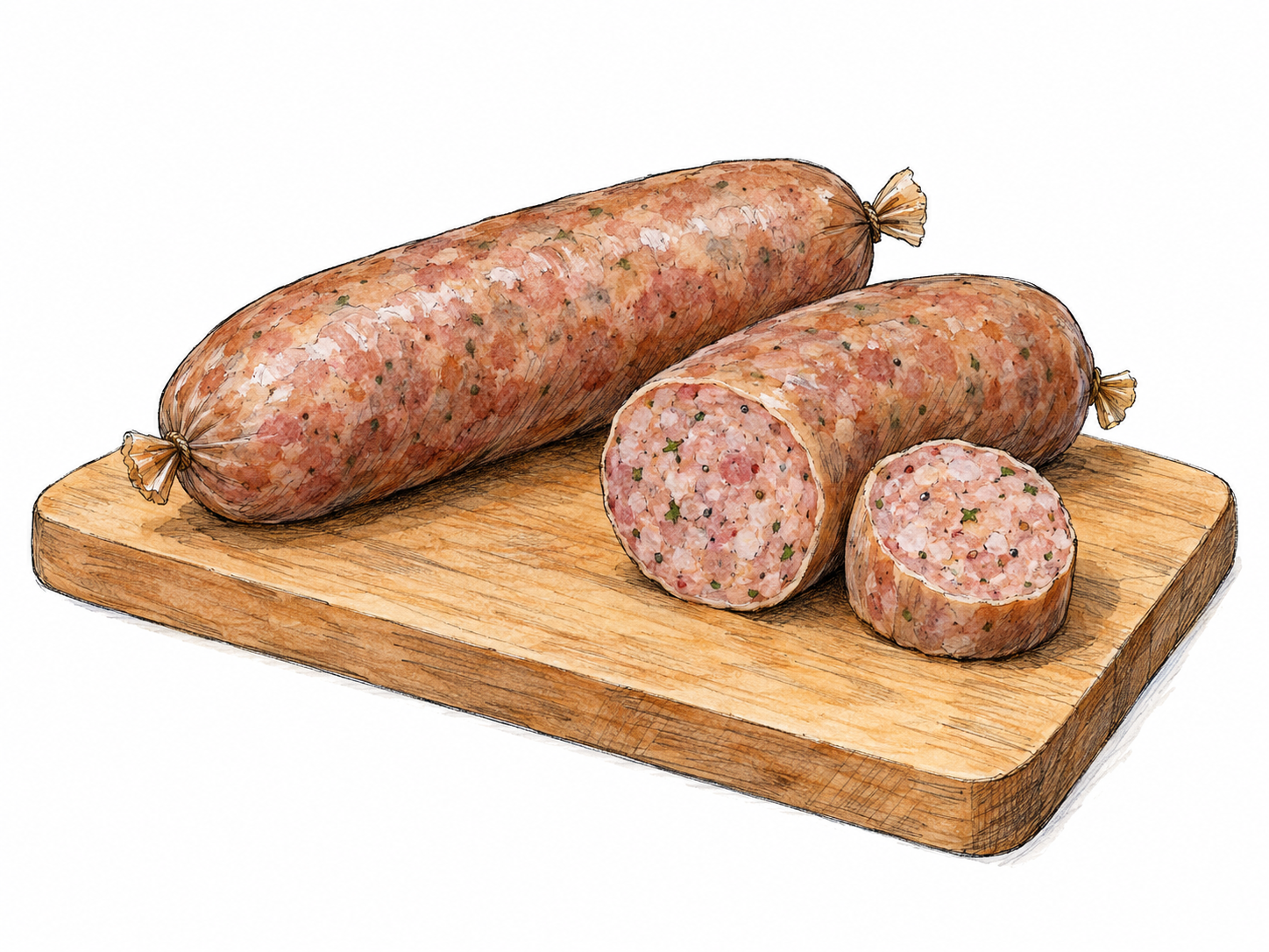 Two plump sausage links on a plain cutting board, one cut open to reveal finely ground meat with visible seasoning flecks inside a thin tube-shaped casing.