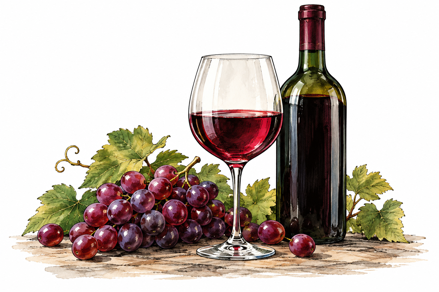 Glass of red wine beside ripe grapes and unlabeled bottle, natural adult beverage still life.