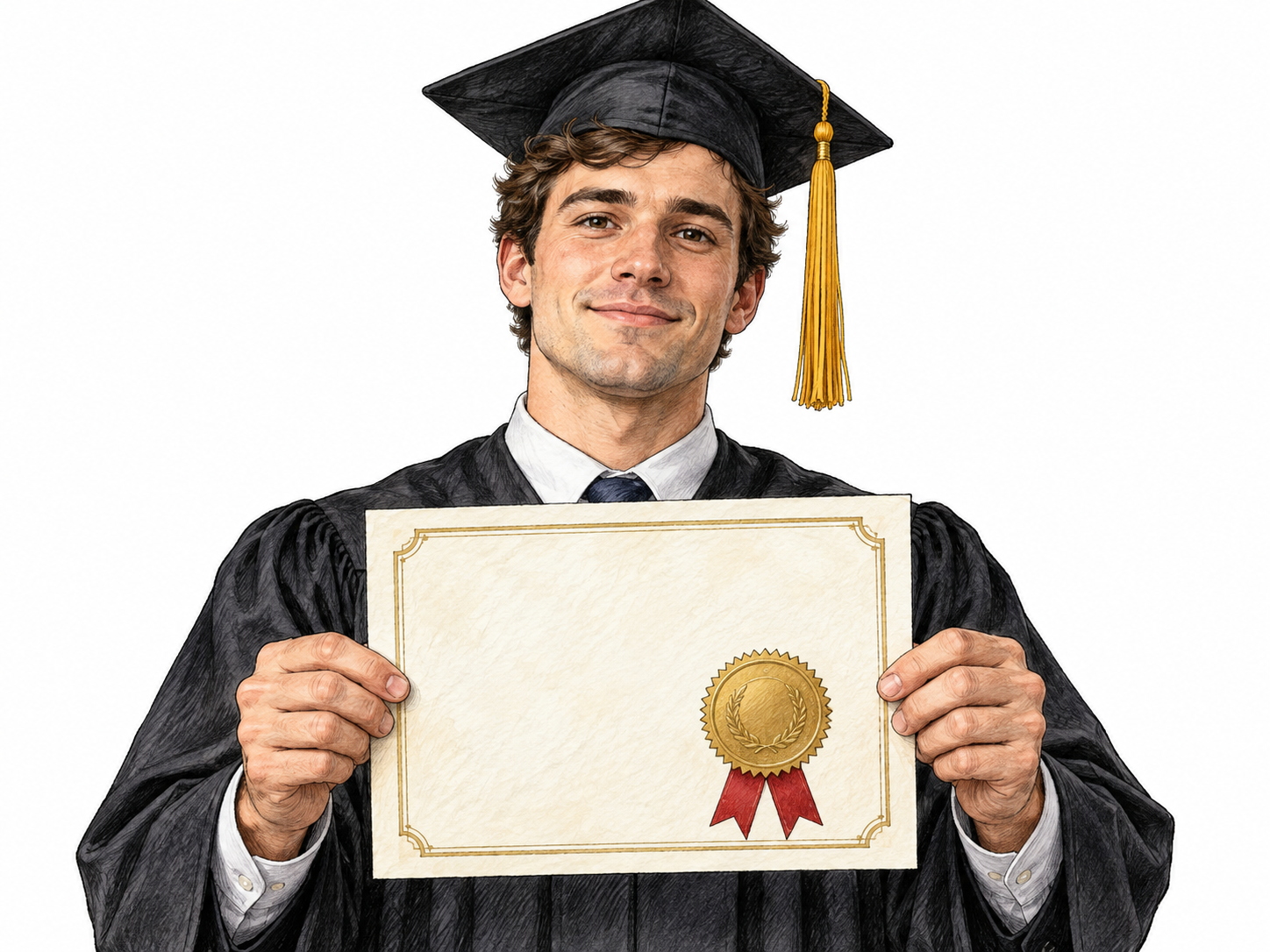 Graduate holds official diploma toward viewer, embossed seal and ribbon clearly visible, no textual content; proud quiet face, chest-up isolated on white.