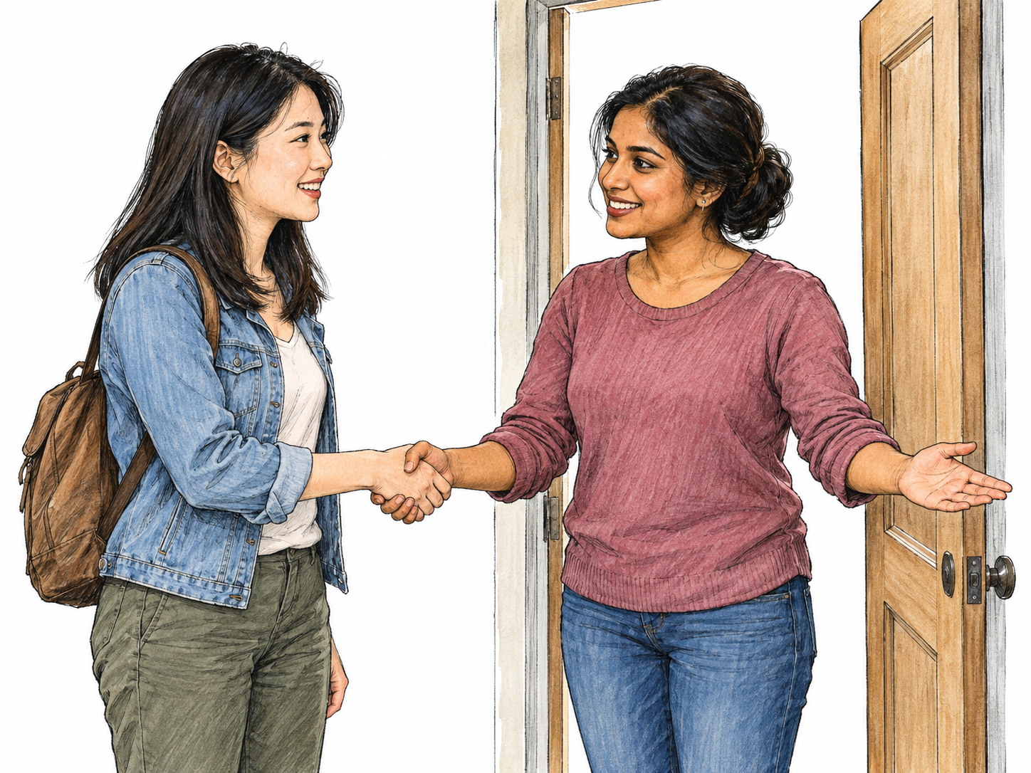 A host greets a visitor at an open doorway with a warm smile and a polite handshake, using her free hand to invite the visitor inside.