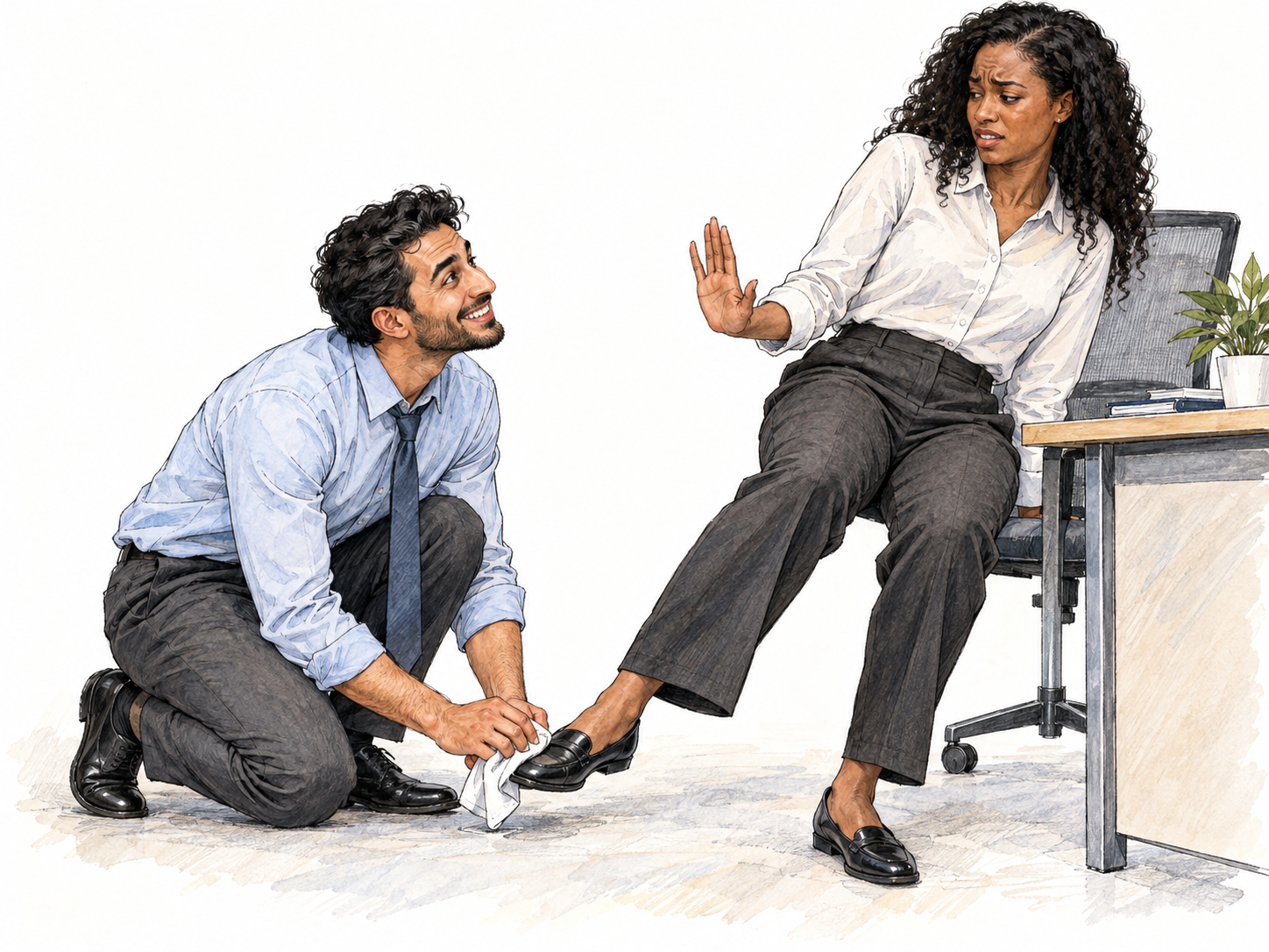 An office worker behaves excessively deferentially toward a colleague: crouching to polish her already-clean shoe with his own handkerchief, he looks up with an ingratiating smile while she recoils and raises a palm to stop him.