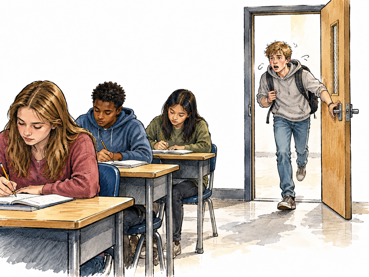 A breathless white student arrives at a classroom doorway after the lesson has begun, seated classmates already working.